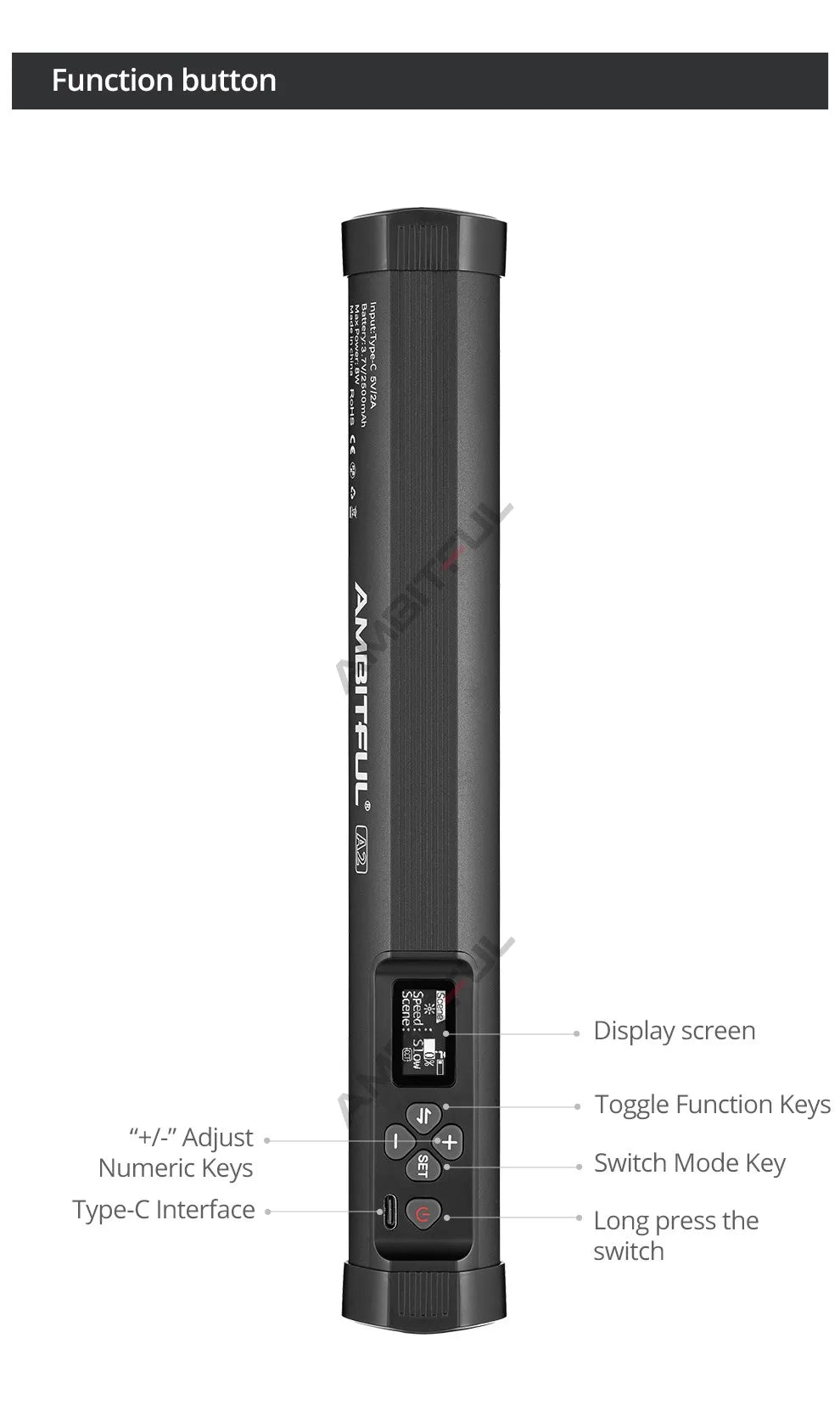 Black cylindrical LED light wand with an OLED screen, control buttons, and Type-C port for photography and video