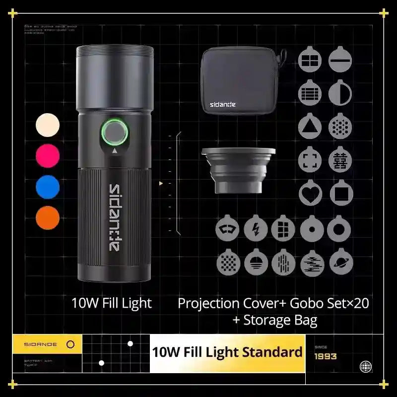10W black handheld fill light with projection cover, storage bag, and 20 pattern gobos for creative photography.