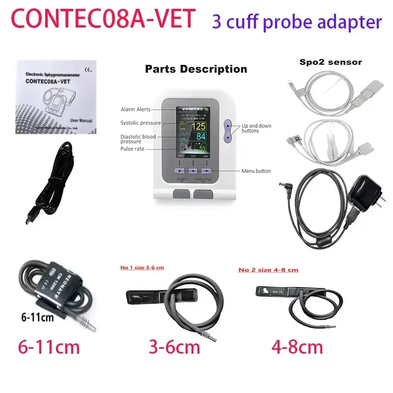 For use in cats and dogs; CONTEC08A veterinary blood pressure monitor, can be used with a blood oxygen probe if desired