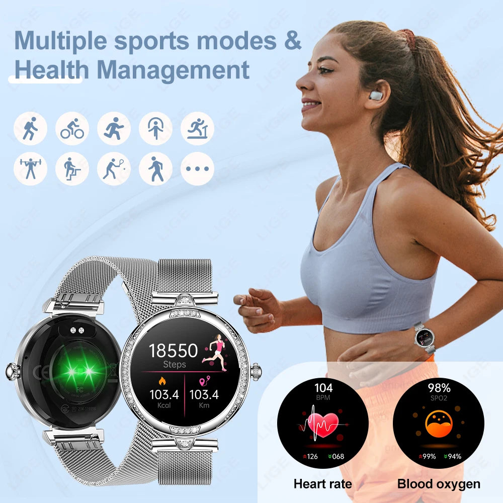 LIGE New Women Watch 1.19" 390*390 AMOLED Display Heart Rate Blood Oxygen Monitoring Bluetooth Call Fashion Diamond Smartwatch