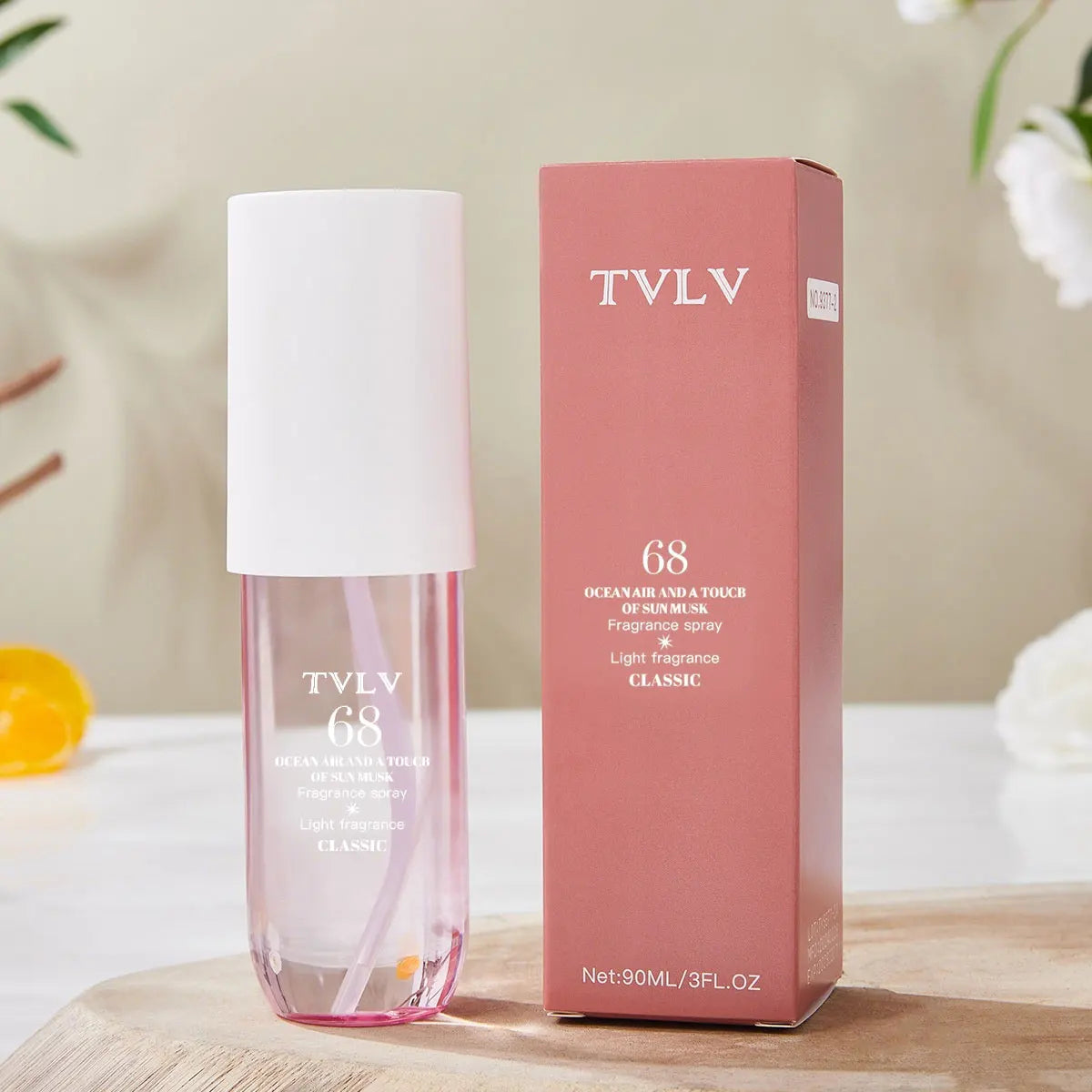 TVLV 68 Ocean Musk perfume spray, long-lasting alcohol-free fragrance in a sleek bottle, perfect for parties. 90ml.