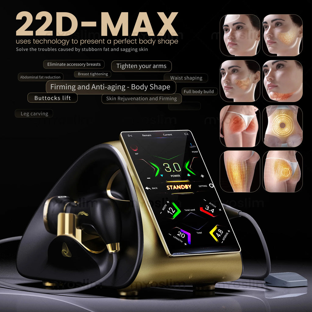 22D MAX HIFU beauty machine in gold and black with touch screen for facial tightening, fat reduction, and body shaping.