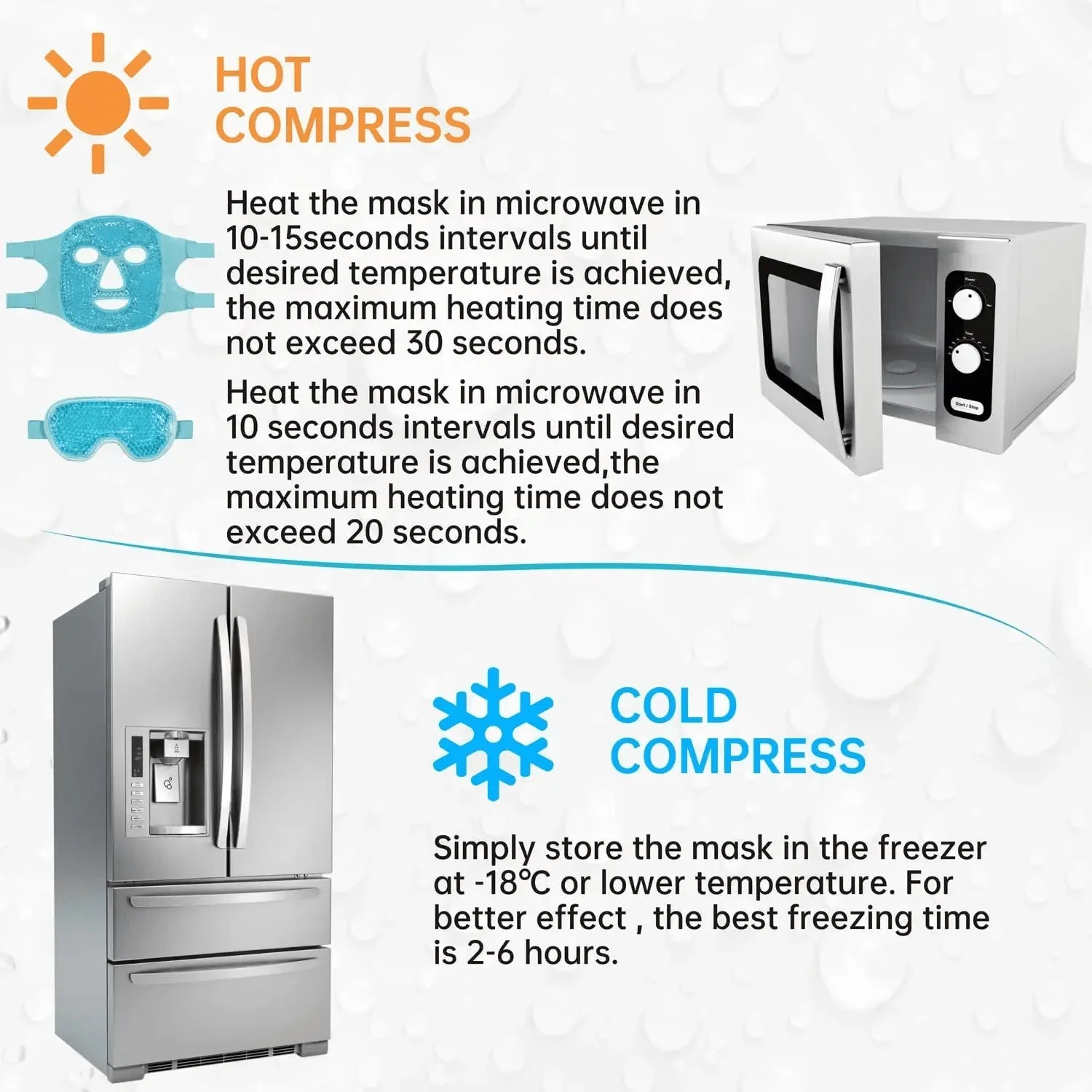 Blue gel bead face and eye masks shown with instructions for microwave heating and freezer cooling.
