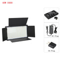 40W U600 LED video light panel with black barn doors, EU/US power adapters, and mounting hardware for studio lighting.
