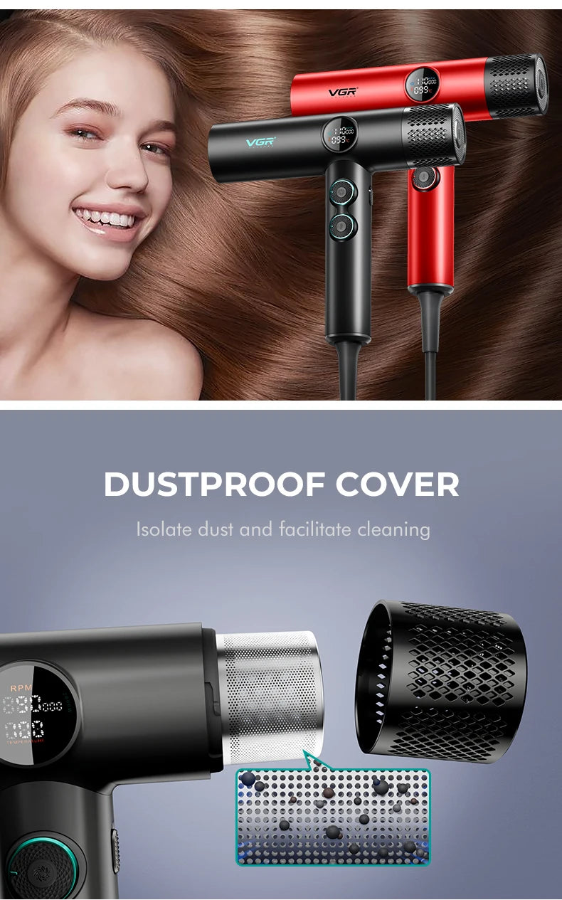 VGR V-401 professional hair dryer with digital display, brushless motor, and detachable dustproof magnetic filter.