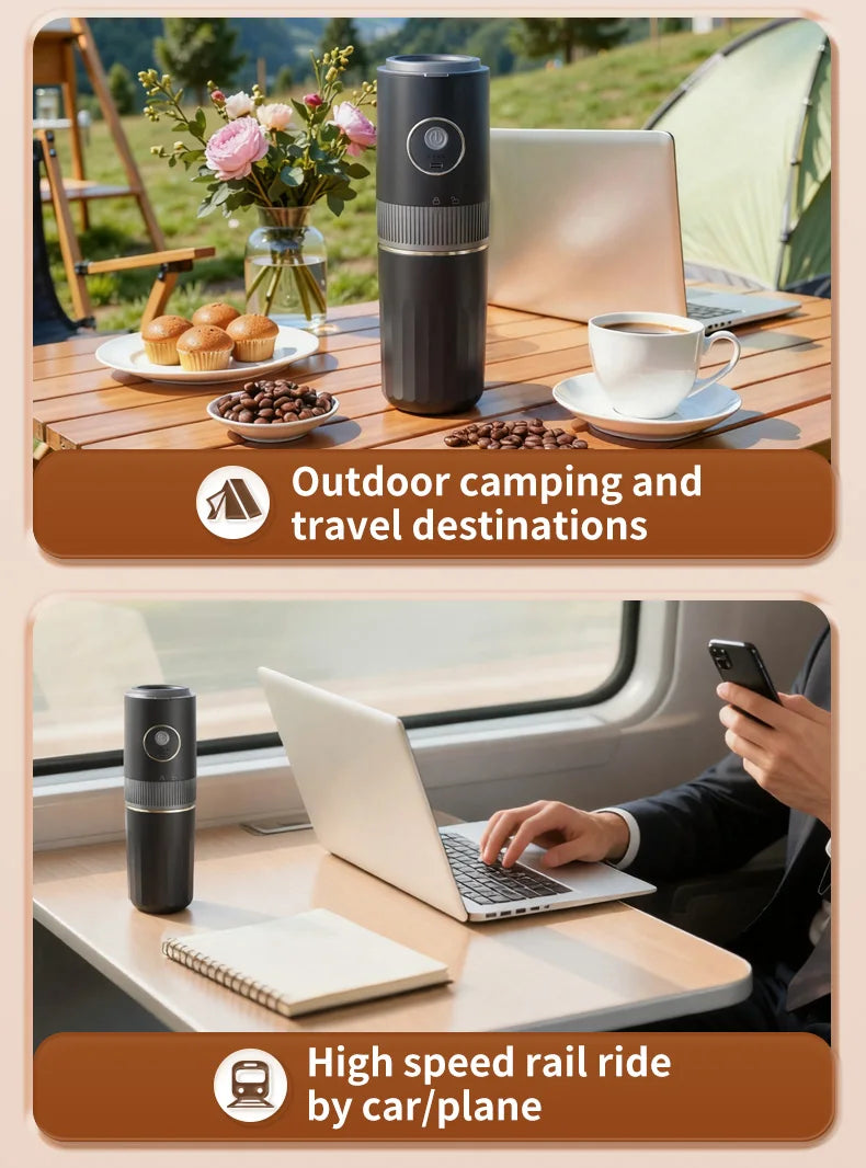 Portable black electric coffee maker for camping and travel, compact cylinder design for outdoor or mobile use.