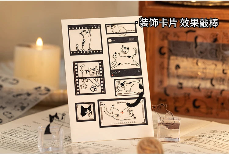 Two sheets of black and white cartoon cat PET stickers for DIY scrapbooking, photo frame, and craft decoration.