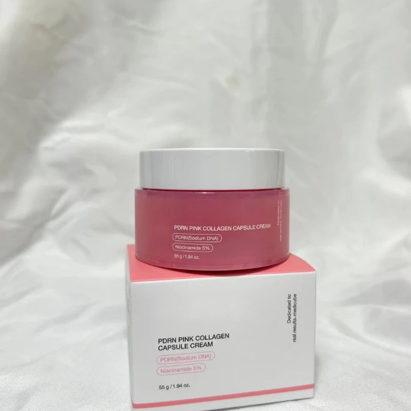 Pink jar of PDRN Collagen Capsule Cream with a white lid sitting on its matching white and pink product box.