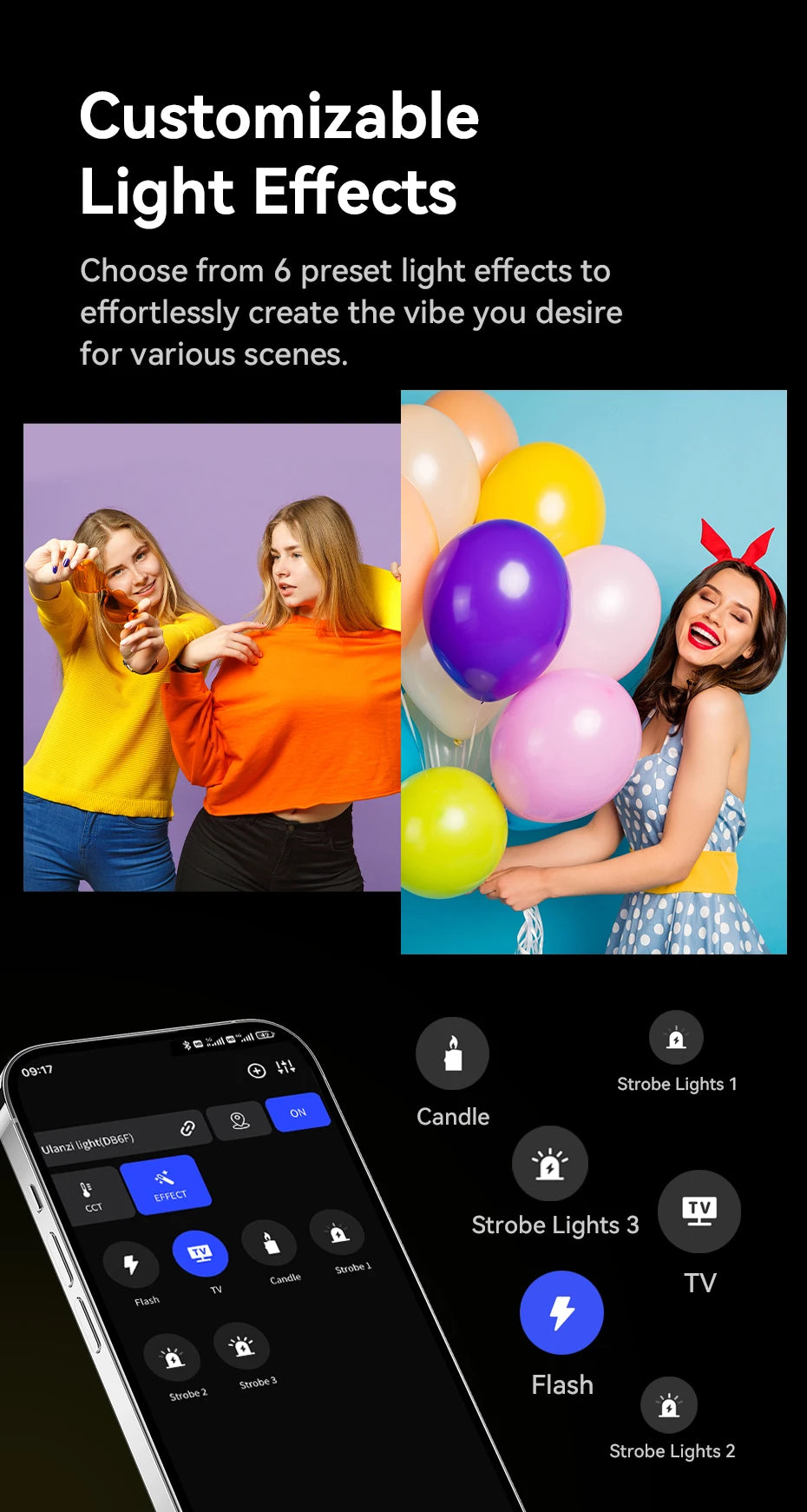 Smartphone app interface controlling LED light effects like candle, flash, and strobe for photography and mood lighting.