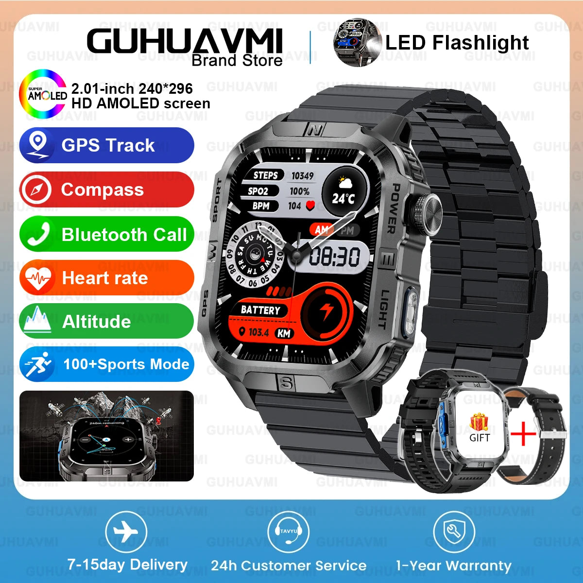2026New Outdoor Military Men's Smartwatch, Equipped With GPS LED Lighting, Compass, Wireless Communication IP68 Waterproof Watch