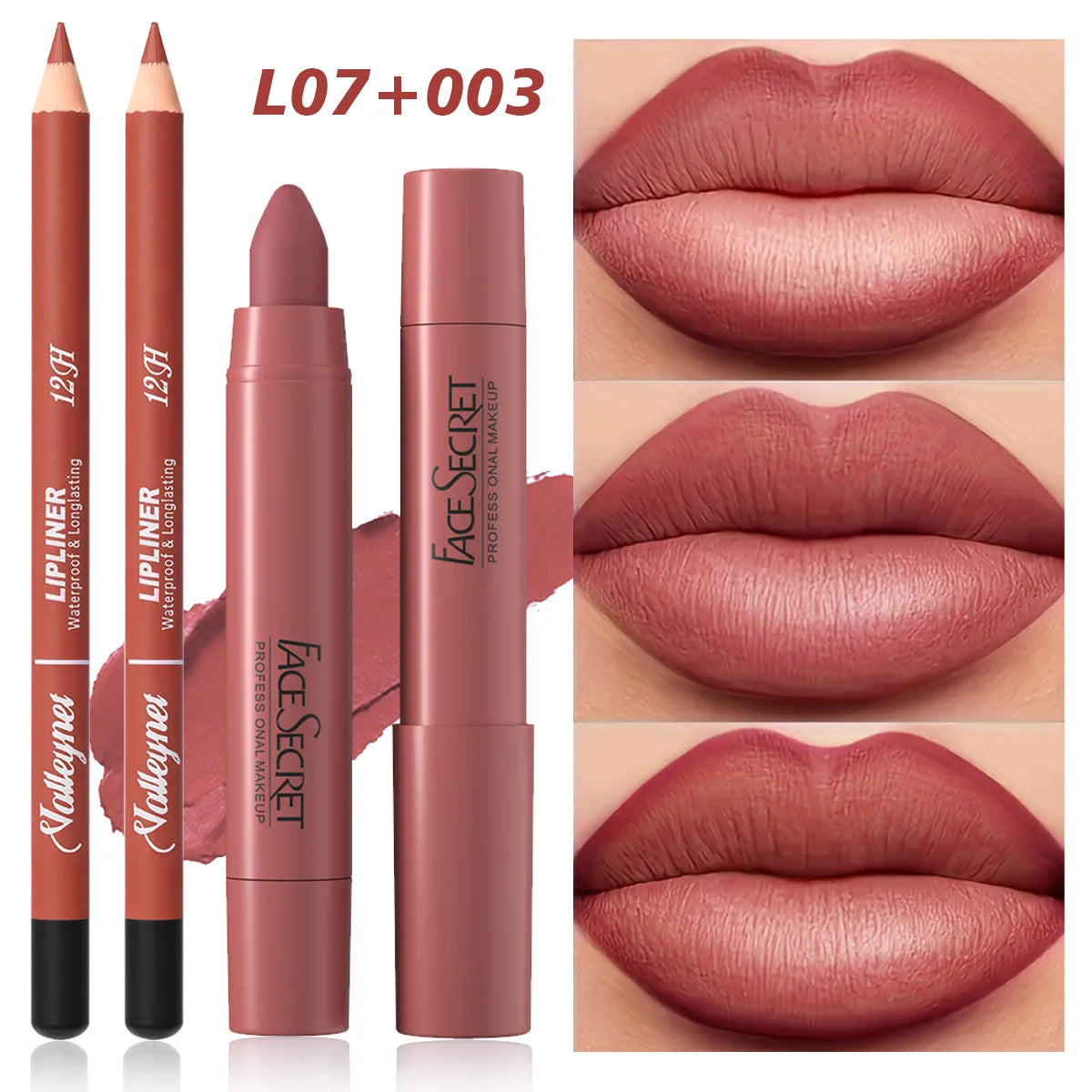 2Pcs lip combo set with long-lasting matte velvet lipstick and waterproof lip liner in a dusty rose shade.