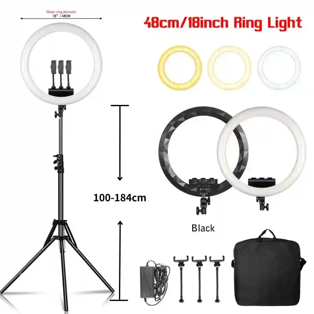 18-Inch Ring Light with Tripod Stand - Dimmable LED Studio Lighting 184 Black cm Tidesmit