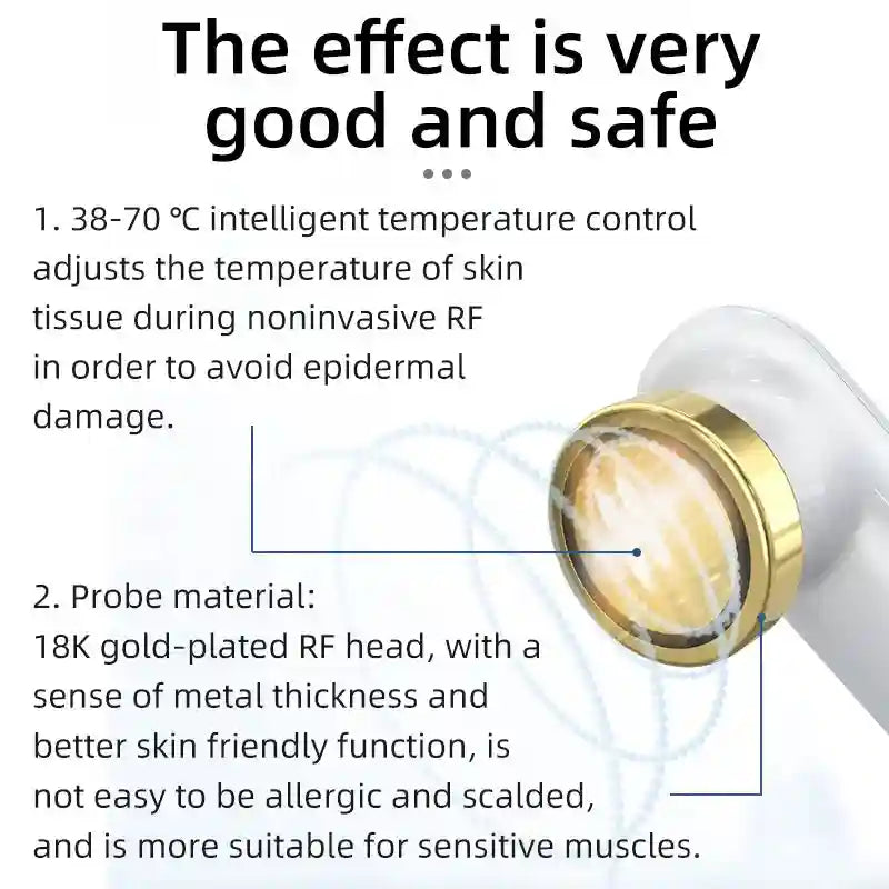 White facial lifting device with a circular, 18K gold-plated RF probe head for skin tightening.