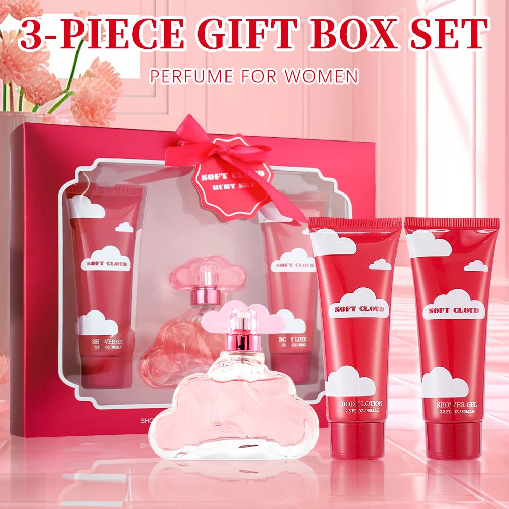 Soft Cloud Ruby Sky perfume set for women: 3.4oz EDT, cloud-shaped bottle, floral notes of lavender, pear, bergamot.