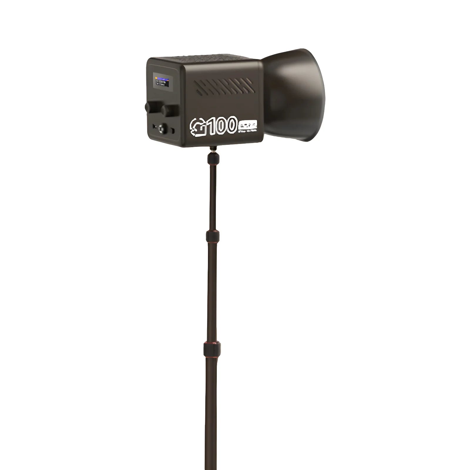 G100 LED video light with reflector dome on a tall, thin adjustable stand for studio photography lighting.