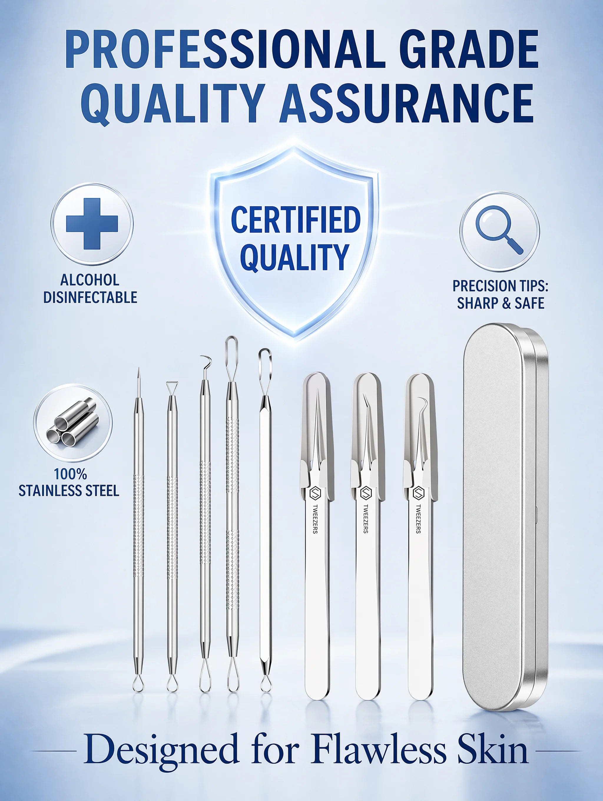 Stainless Steel Acne Needle Set of 8 Pieces, High-Density Blackhead Tweezers, Professional Acne Extraction Needles, Tool for Removing Closed Comedones, Portable Storage Set for Home and Beauty Salon Use