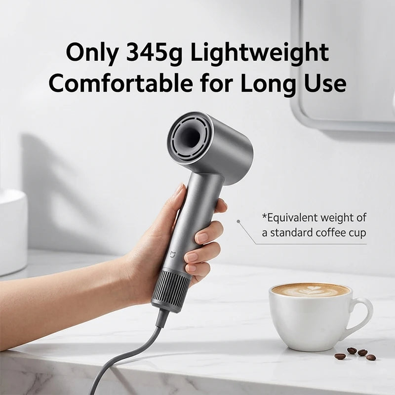 MIJIA 345g lightweight grey high-speed ionic hair dryer, compact ergonomic design for easy professional hair styling.
