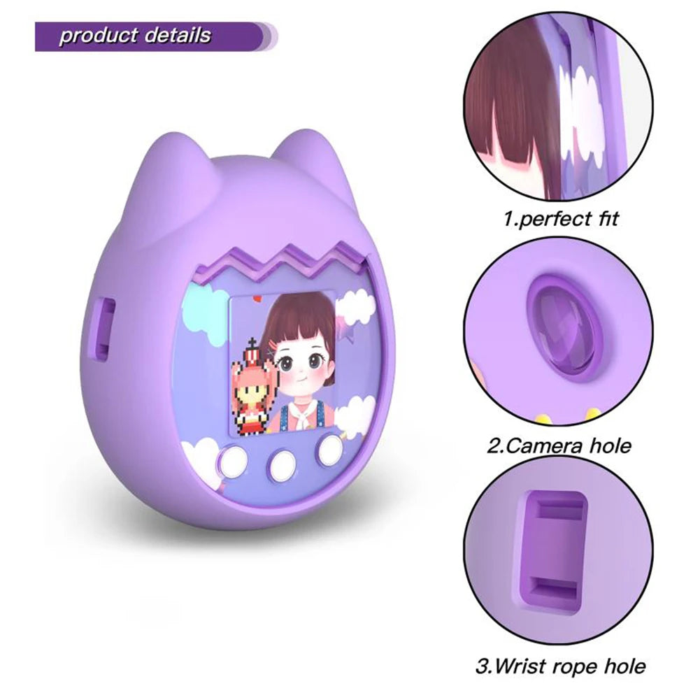 Purple silicone protective case for Tamagotchi Pix virtual pet, shockproof cover with hand strap and camera hole.