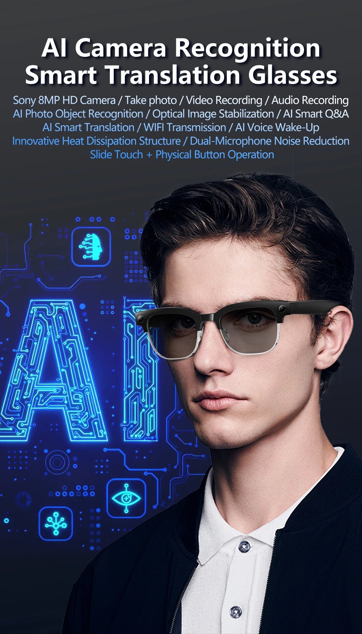 AI Smart Glasses with 8K Camera - Black Bluetooth Mixed Reality Headset Tidesmit