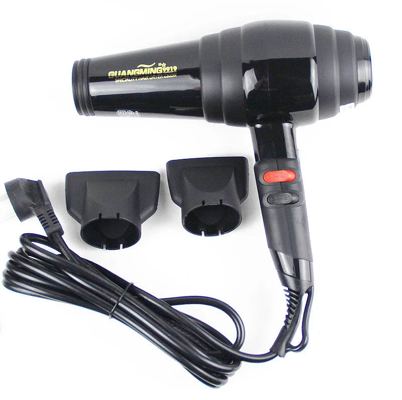 Black 2300W professional salon hair dryer with two styling nozzles, hot/cold settings, and ergonomic handle design.