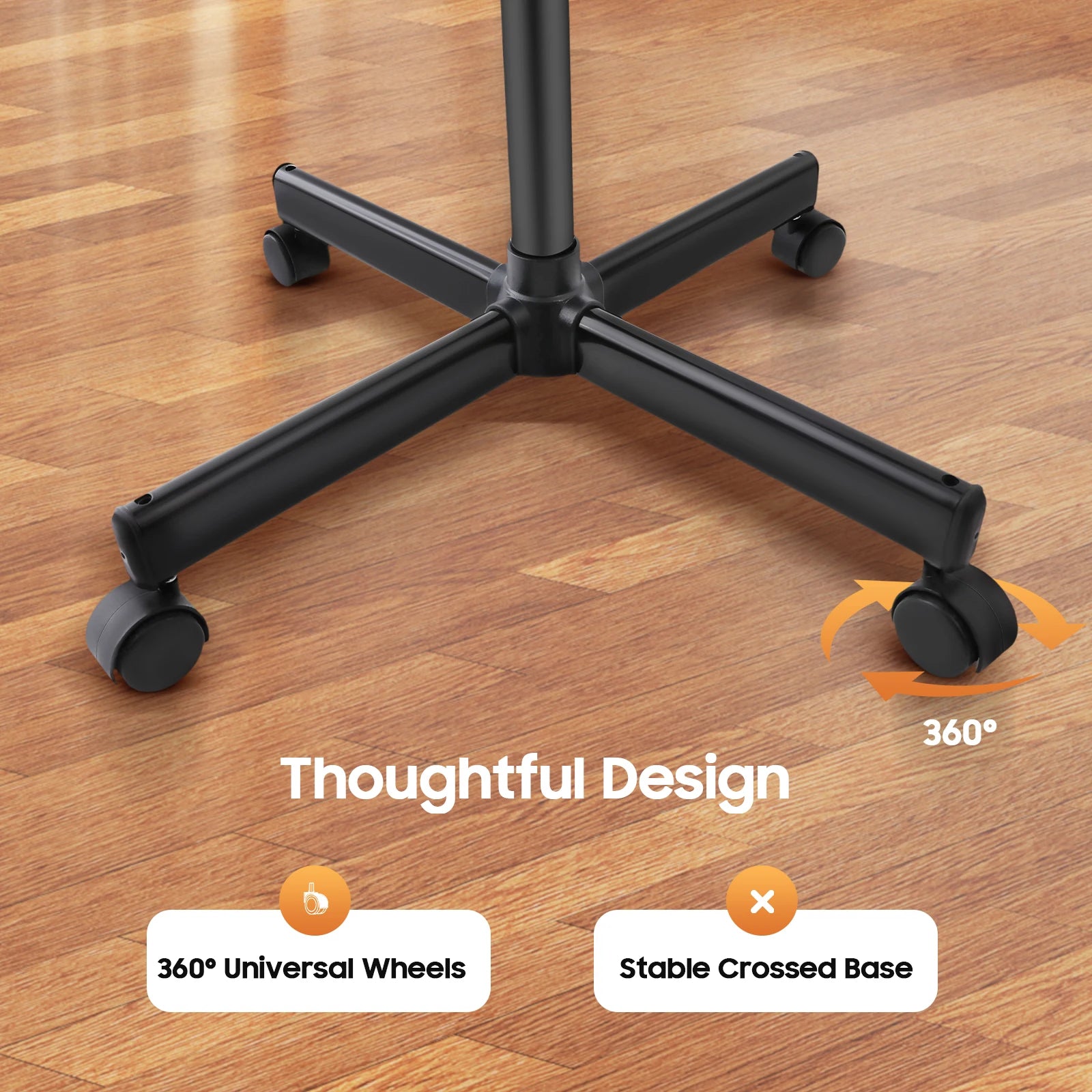 Black stable crossed base of facial steamer with 360-degree rotating universal wheels for mobile salon spa care.