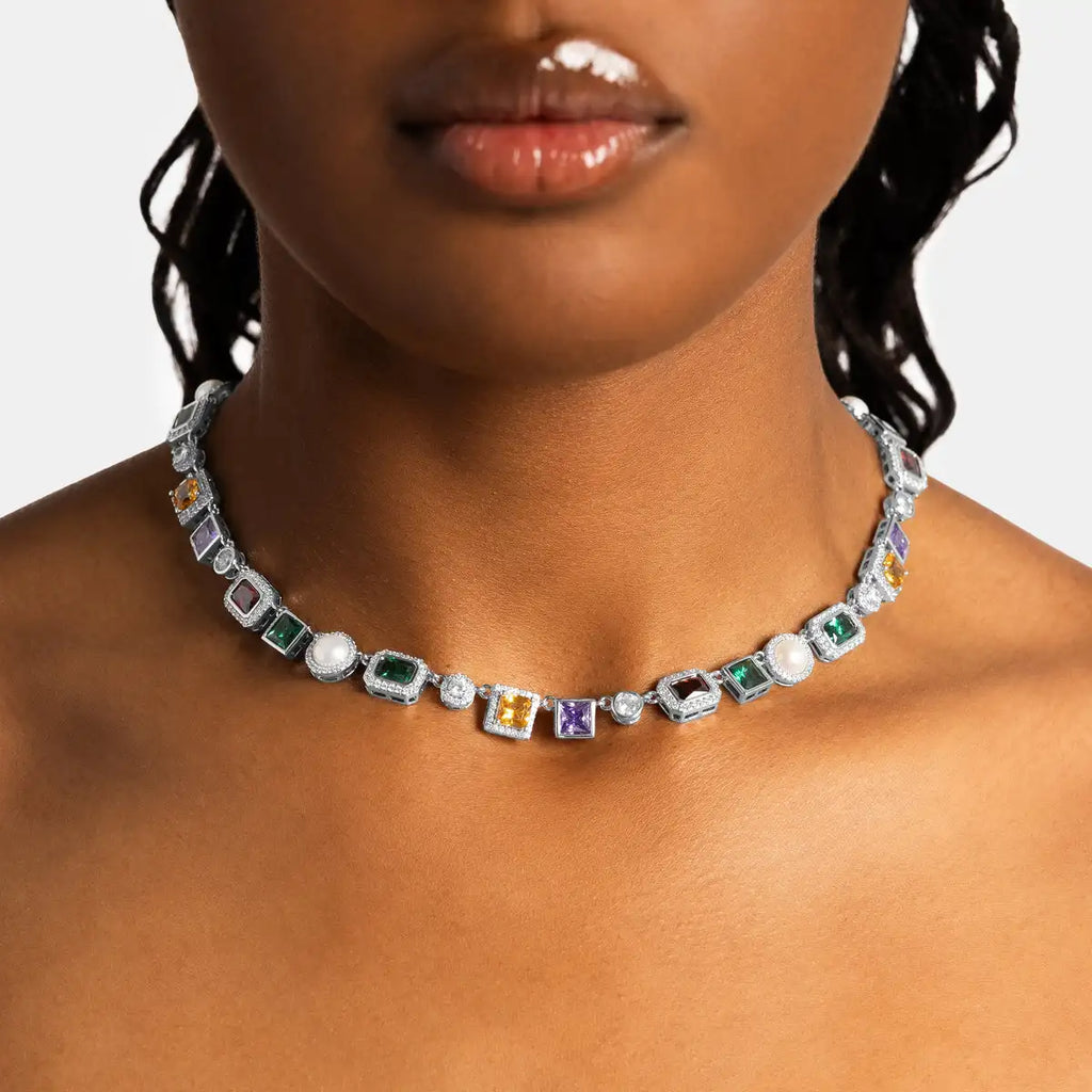 925 Sterling Silver Multi Color Gemstone Necklace Luxury Moissanite Halo Tennis Choker Necklace for Women