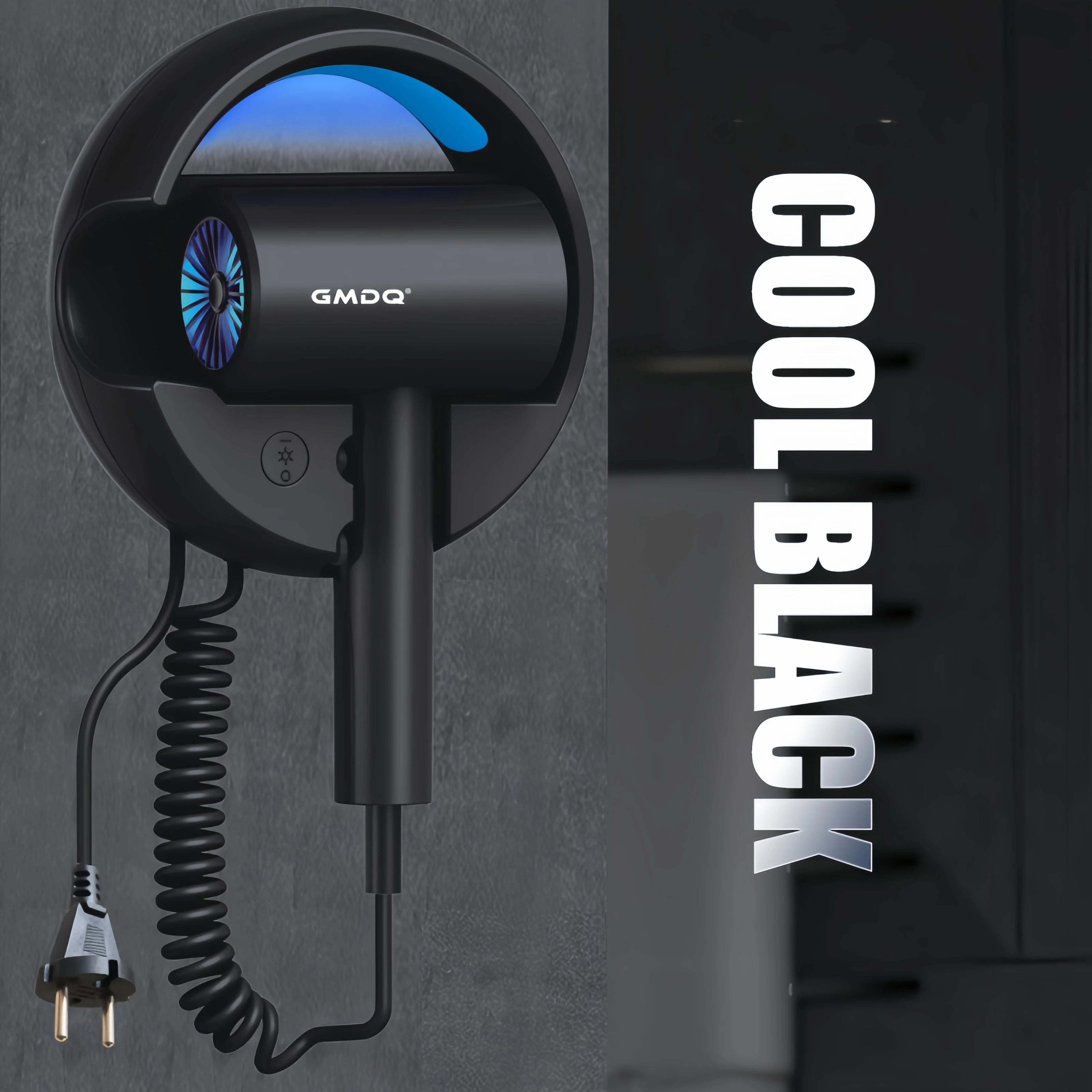 GMDQ black wall-mounted hair dryer with blue light, 1800W, 3-speed, and coiled cord for home or hotel bathroom use.