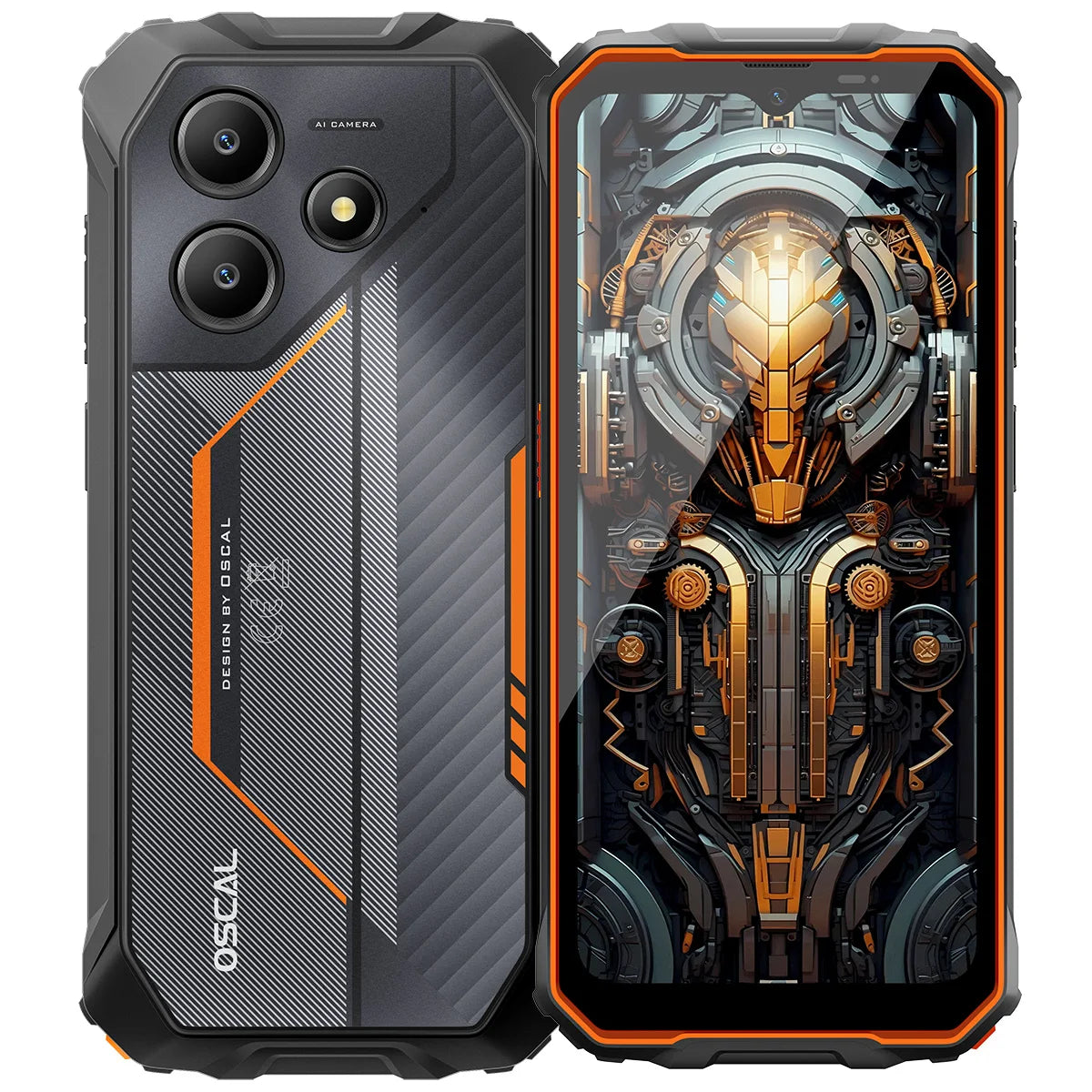 Blackview OSCAL Marine 2 rugged phone: front and back view, black/orange design, AI camera, large HD display.