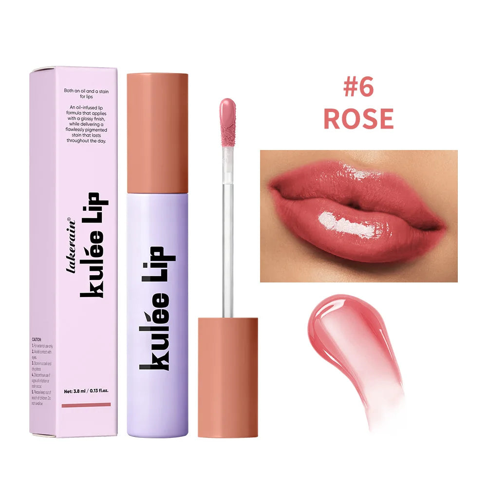 Kulfée #6 Rose long-lasting staining lip oil with glossy, moisturizing, non-stick finish for hydrated, pigmented lips.