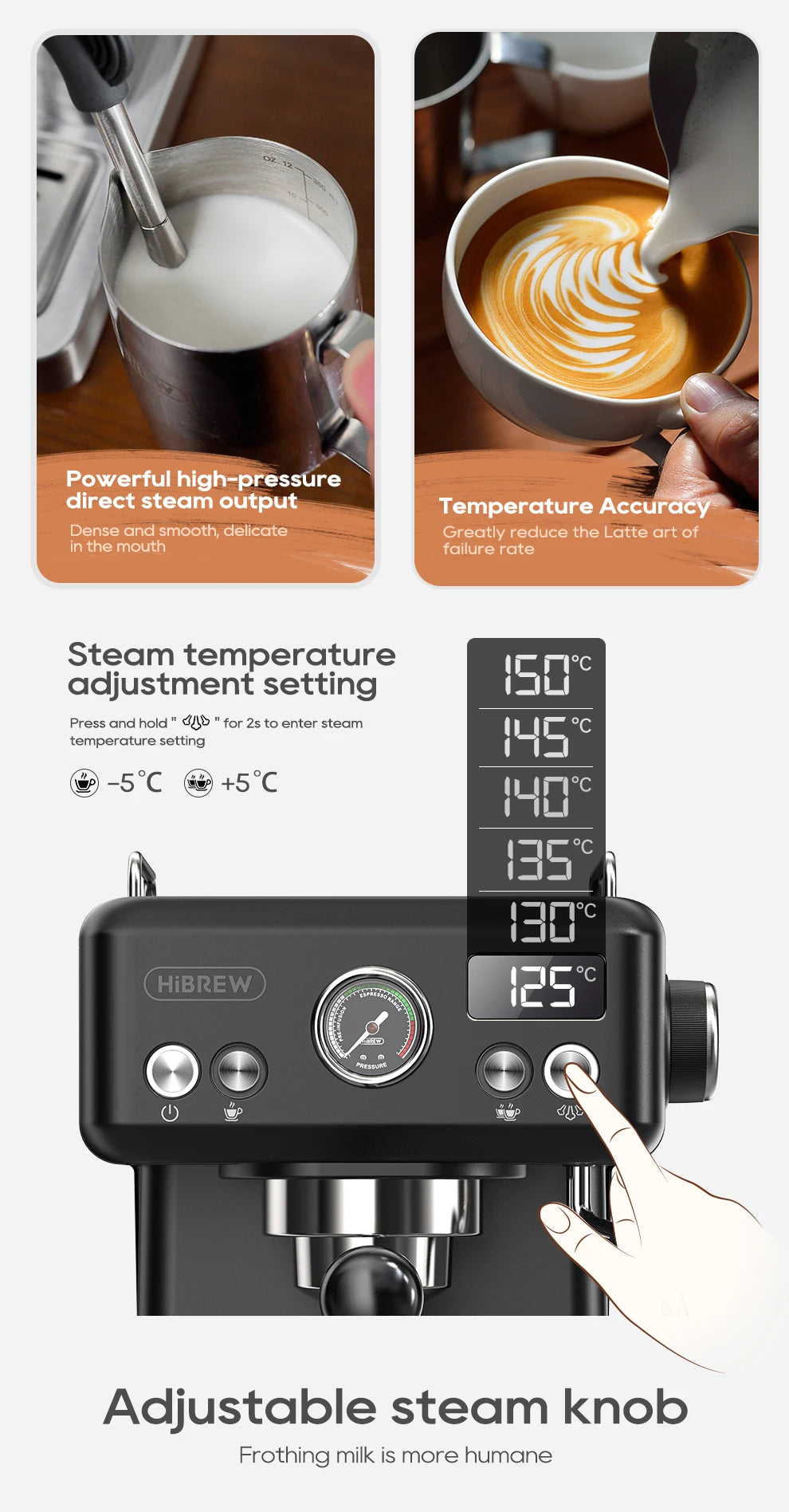 HiBREW black espresso machine with digital steam temperature control, pressure gauge, and milk frothing wand.