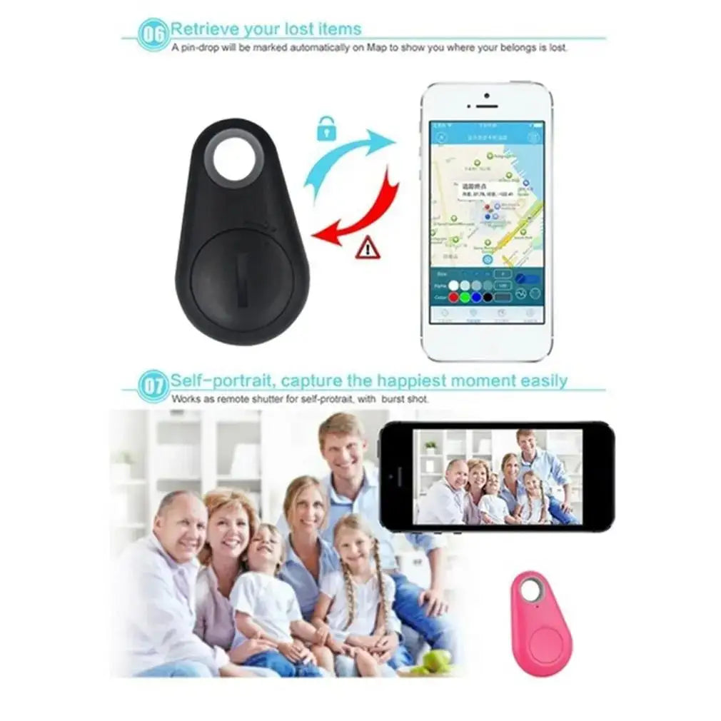 Black and pink mini wireless GPS pet tracker and Bluetooth anti-lost alarm smart tag for tracking pets and belongings.