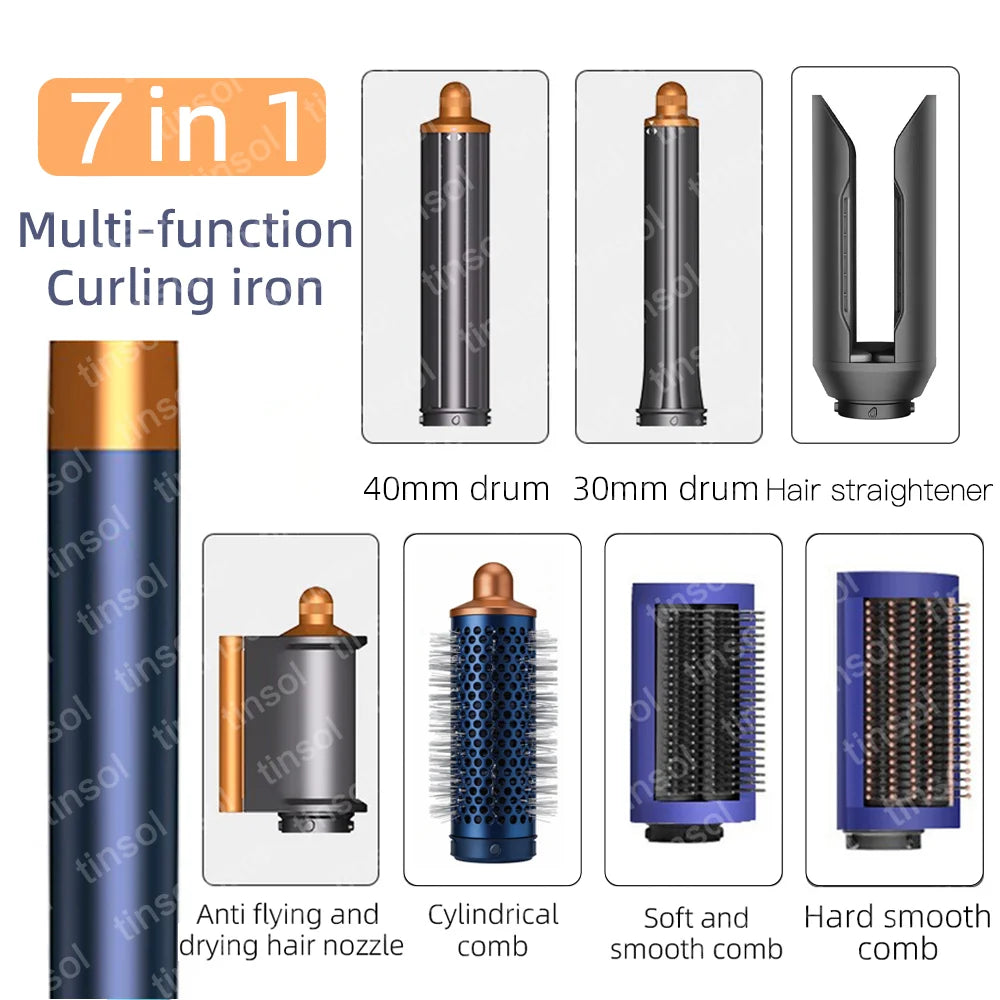 7-in-1 high-speed hair dryer set with gray and gold attachments, curling barrels, straightener, and styling combs.