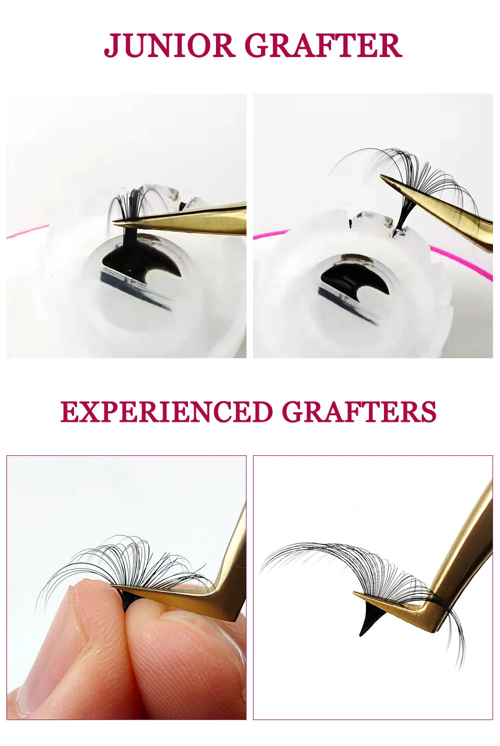 Gold tweezers picking up black eyelash extension fans from a white silicone glue ring and between fingers.