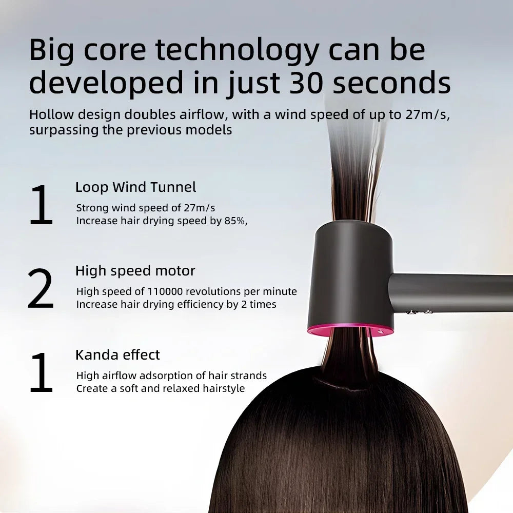 Professional black leafless hair dryer with high-speed motor, loop wind tunnel, and ionic tech for fast, sleek styling.
