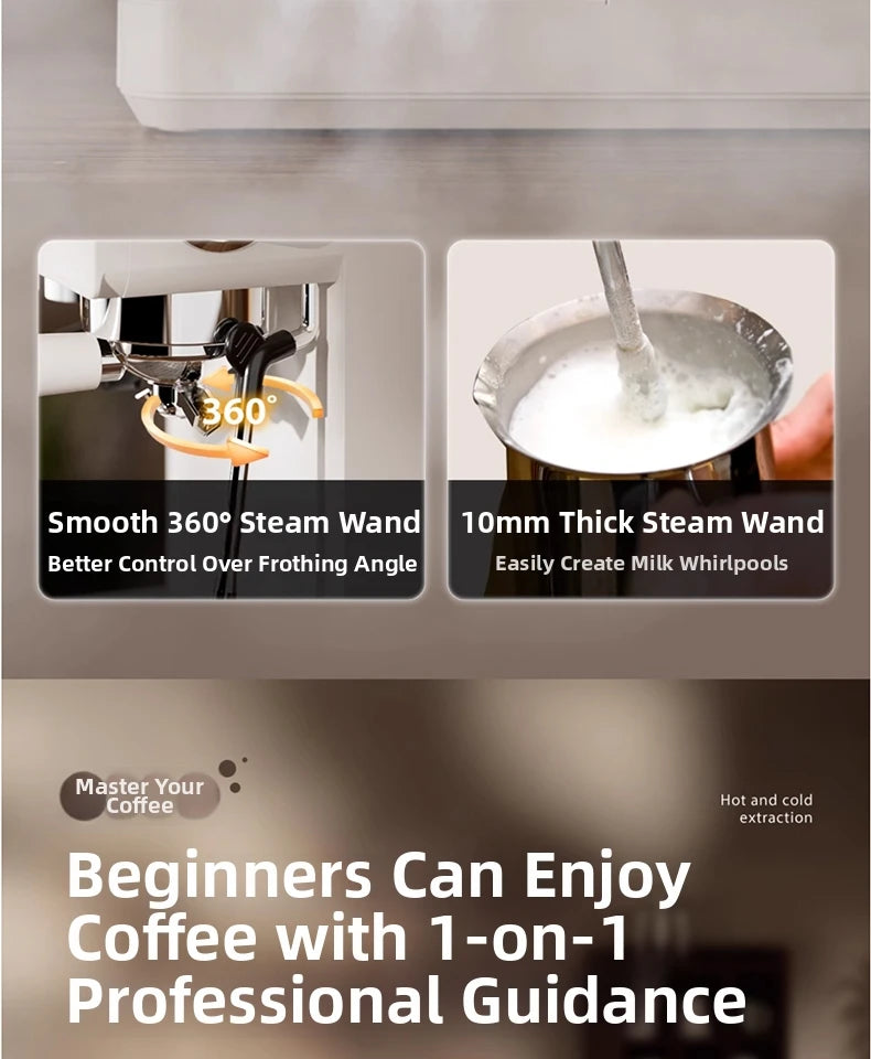 White espresso machine with 360-degree professional steam wand for frothing milk and quality coffee extraction.