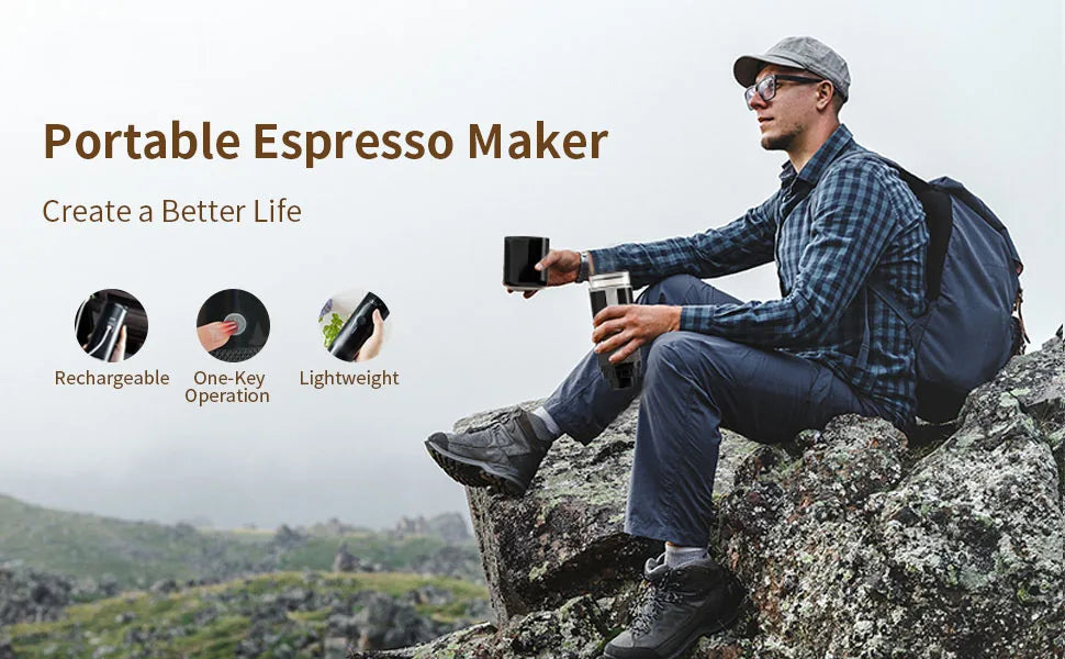 Black rechargeable portable espresso maker for travel, featuring one-key operation in a lightweight, compact design.