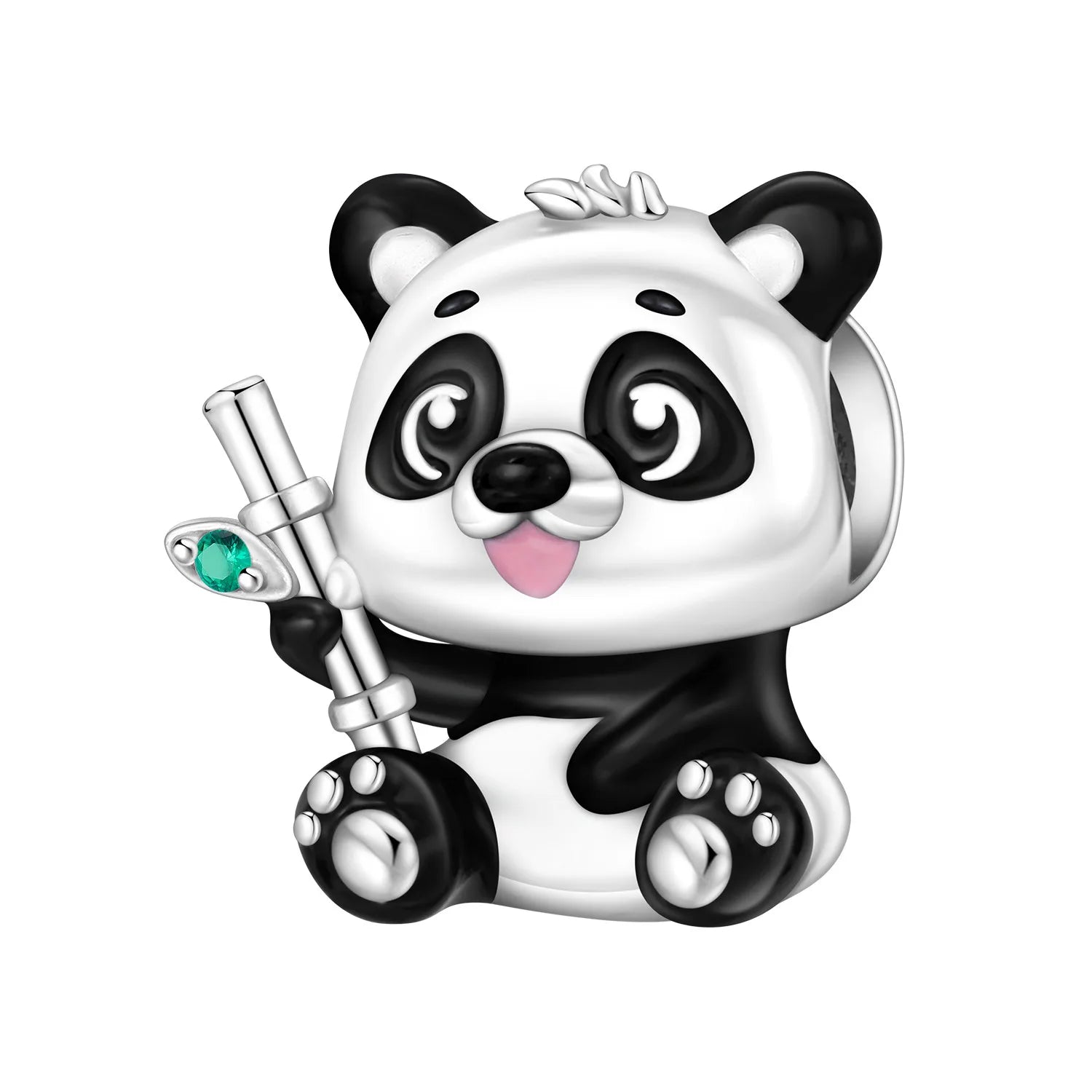 925 sterling silver panda charm bead with emerald accent, perfect for DIY bracelets and unique pet-themed gifts.