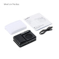 Mini LED video light with white diffuser, instruction manual, and charging cable on a white background.