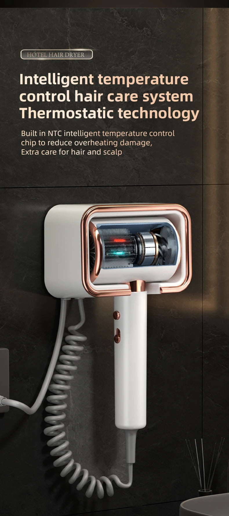 Wall-mounted hotel hair dryer in white and rose gold with thermostatic tech and coiled cord for bathroom convenience.