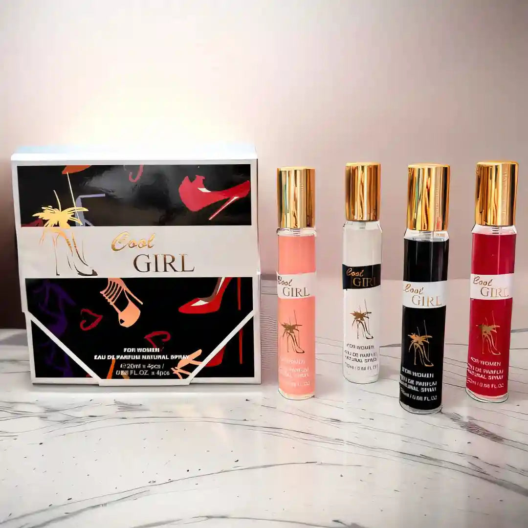 Cool Girl EDP women's perfume gift set, four slim travel spray bottles in a fashion-themed box, ideal luxury gift.