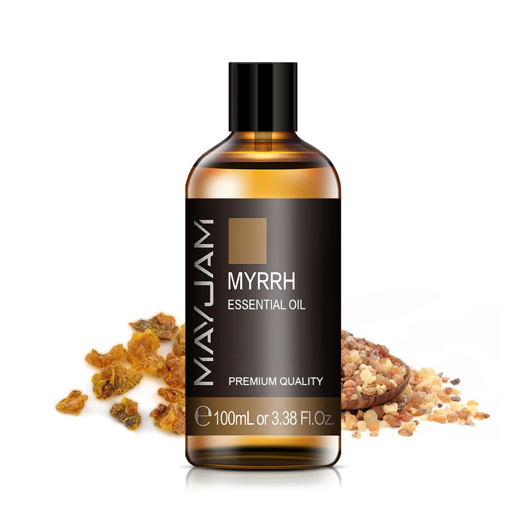 100ml myrrh essential oil bottle with black cap and amber label for diffusers.