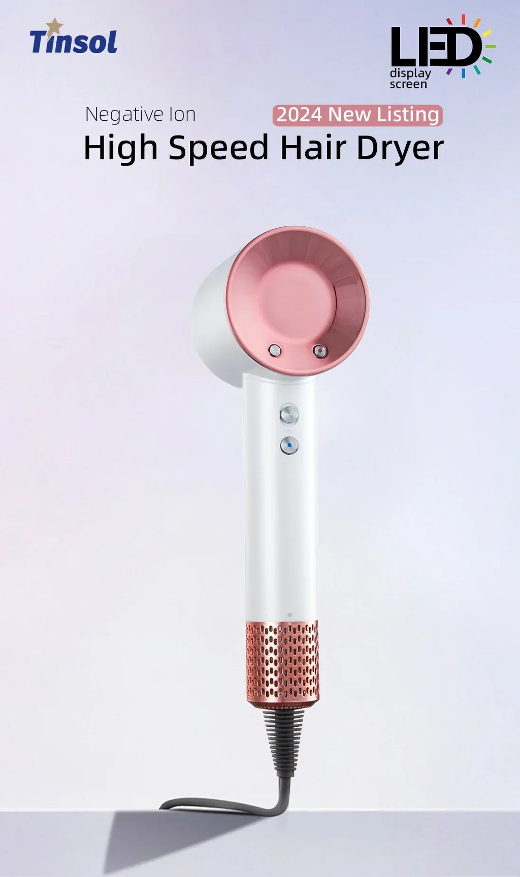 White and pink Tinsol high-speed negative ion hair dryer with LED temp display, 110k RPM, and rose gold filter.