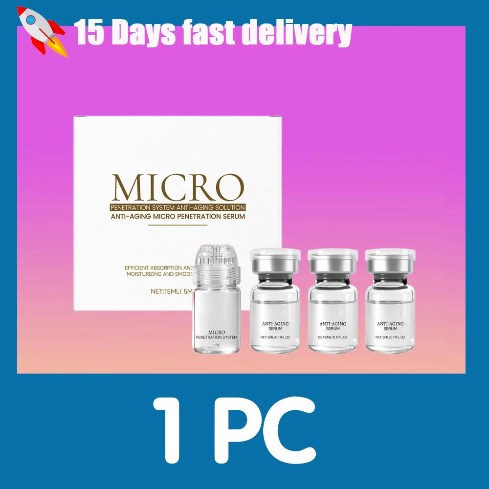Micro Penetration System anti-aging serum, featuring one 15ml bottle and three 5ml clear glass vials with silver caps.