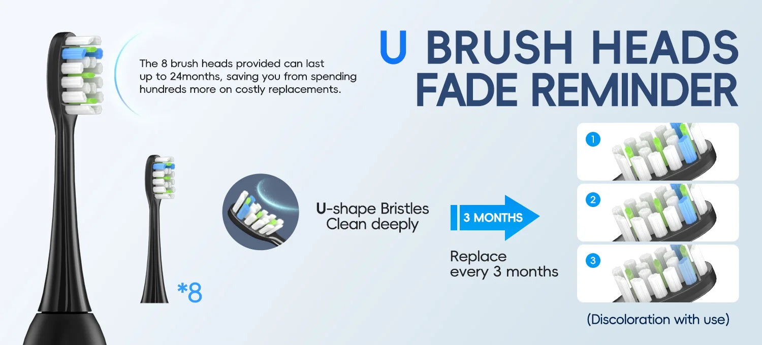 Mornwell T38 Electric Sonic Toothbrush USB Charge Rechargeable Waterproof Electronic Tooth Brushes 8 Replacement Heads Adult