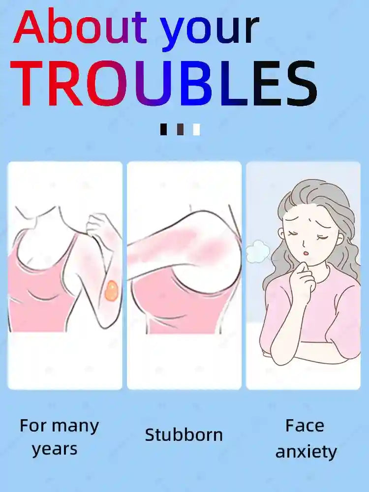 Illustration showing three panels: a woman with a skin mark, a reddish skin patch, and an anxious woman.