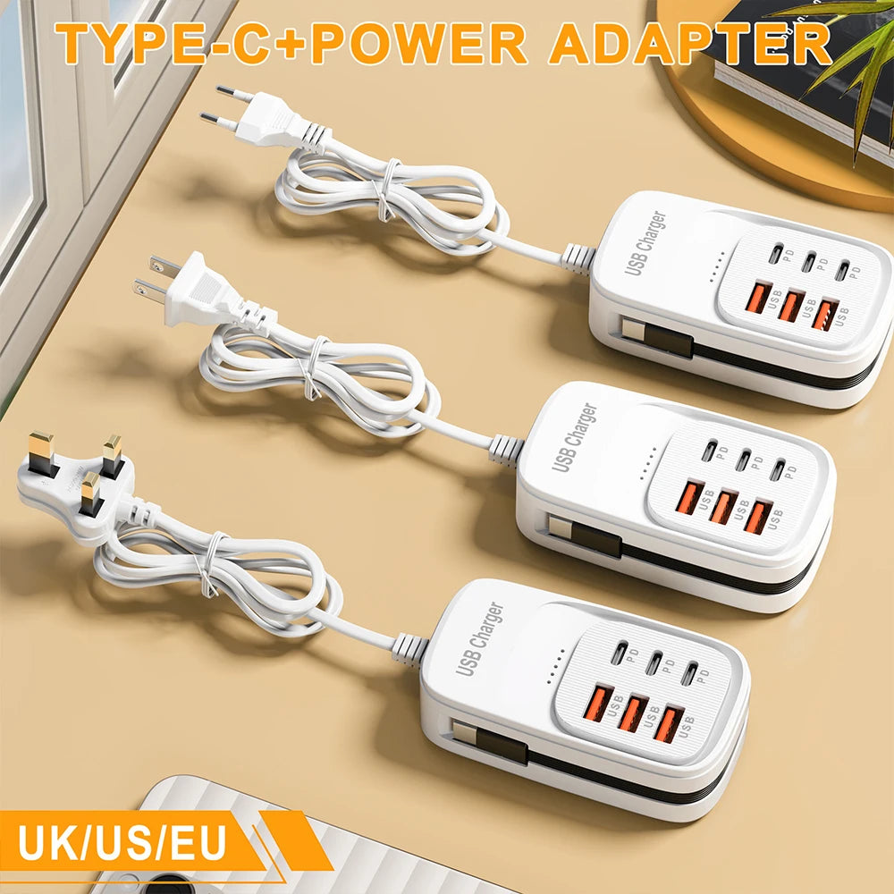 EU/US/UK 6-Ports USB Charging Extension Socket with Type-C Cable 3USB 3PD Power Strip Desktop Charging Station HUB Adapter 5V2A