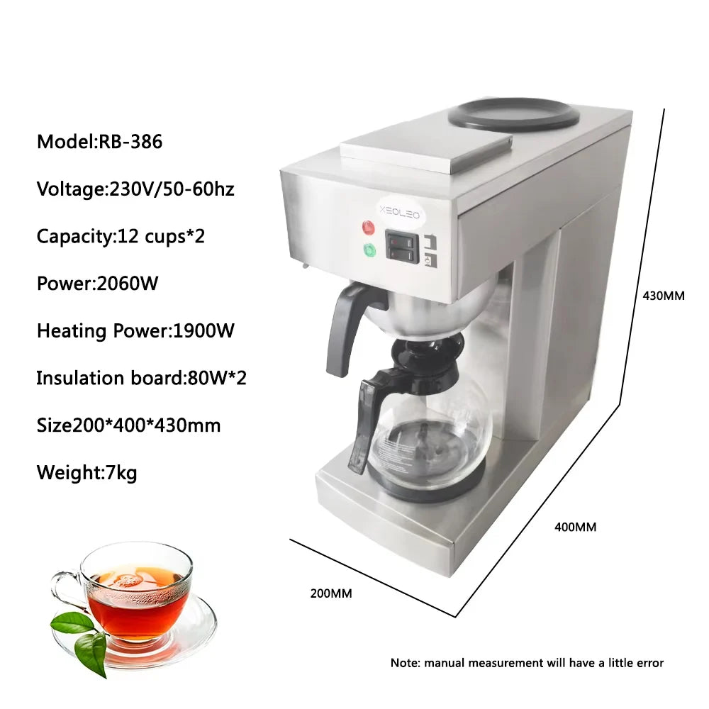 XEOLEO stainless steel commercial coffee maker, 24-cup capacity, dual warming plates, model RB-386.