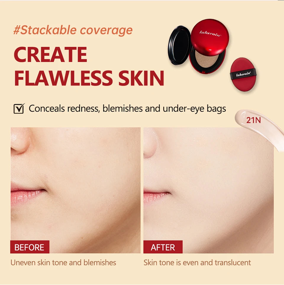 Tidesmit Lakerain waterproof cushion foundation providing full coverage and semi-matte finish for natural face makeup