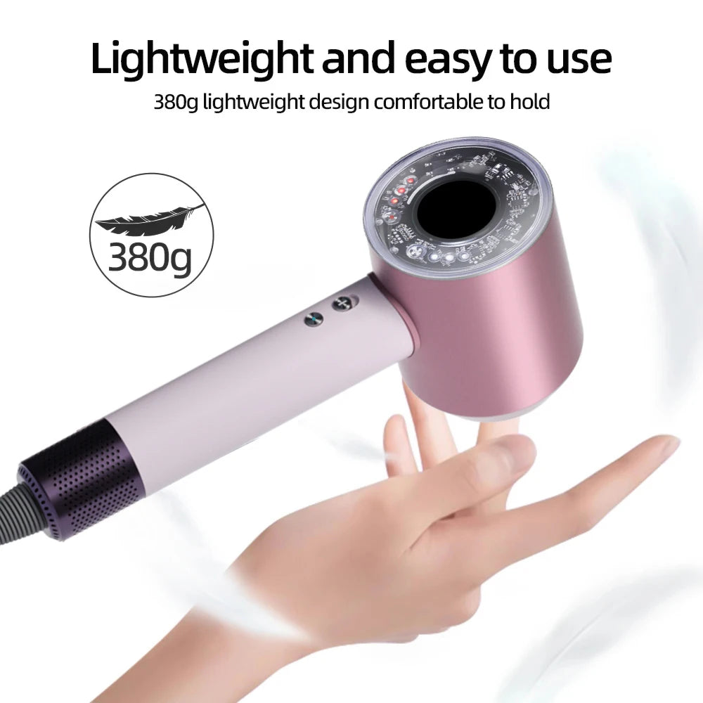 Pink and white 380g lightweight leafless ionic hair dryer with quick-dry technology for professional salon hair care.