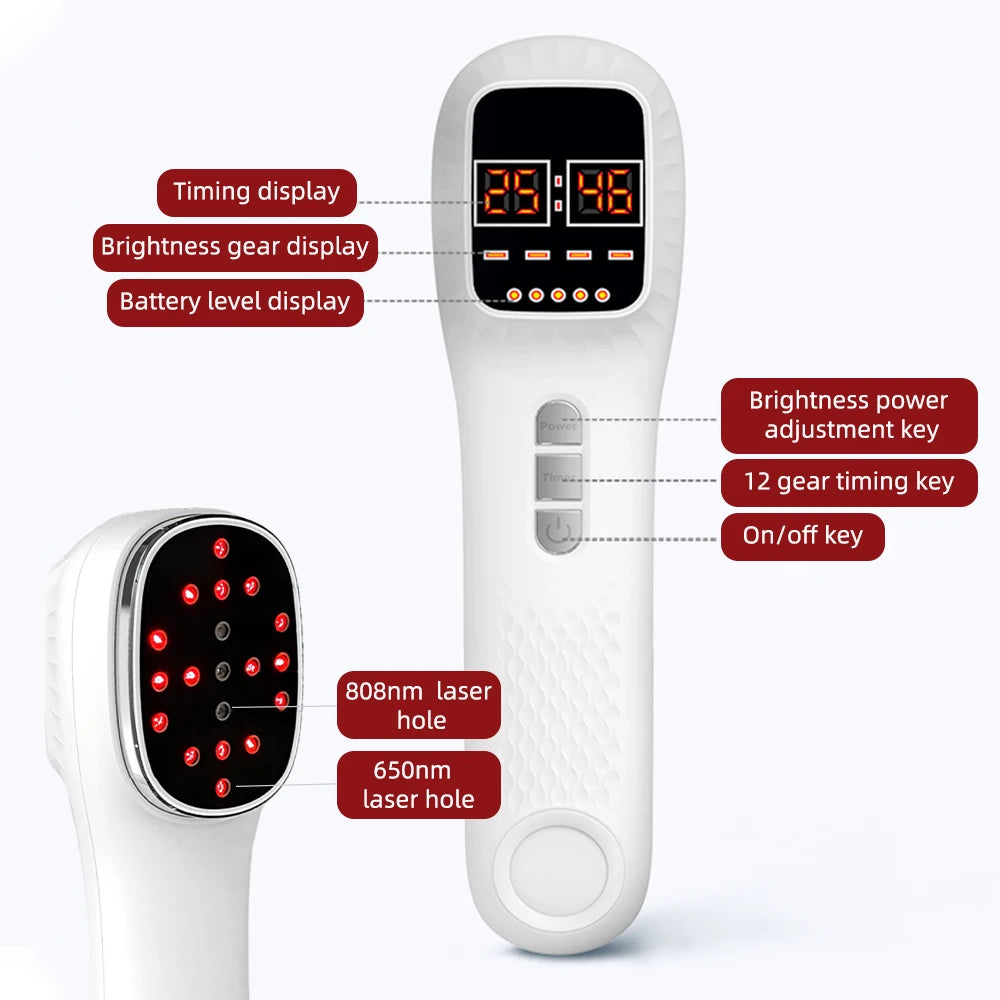 White handheld infrared and red light therapy device with a digital display, control buttons, and laser light head.